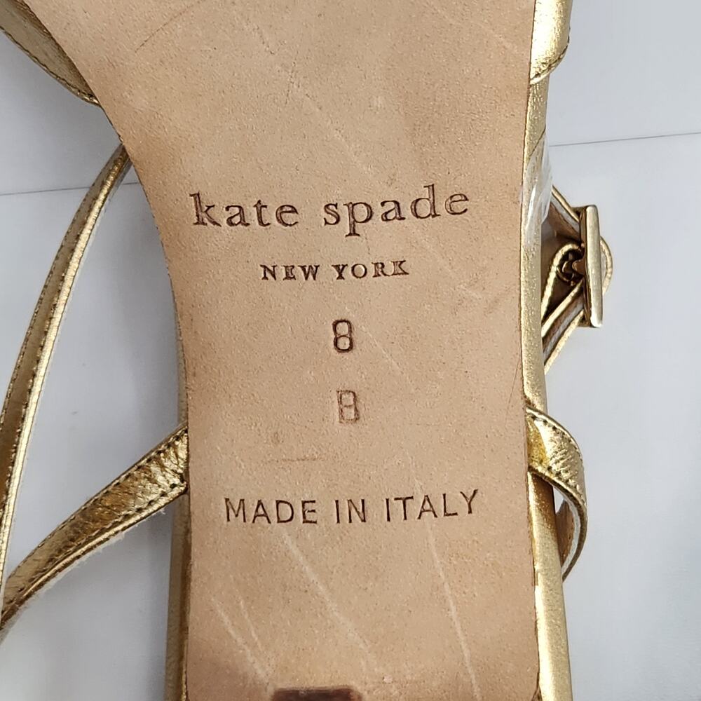 Kate Spade Size 8 Metallic Gold Strappy Open Toe 3 1/2" Heels Made in Italy - Picture 3 of 16